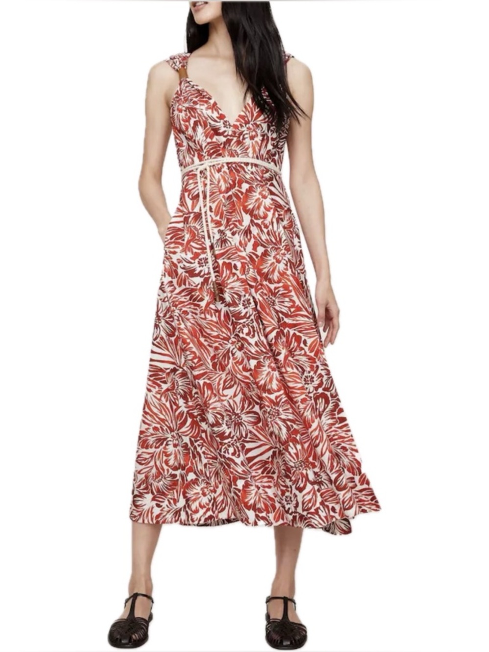 NWT Banana Republic Red Iris Floral Cotton Sleeveless Midi Dress Size 16T